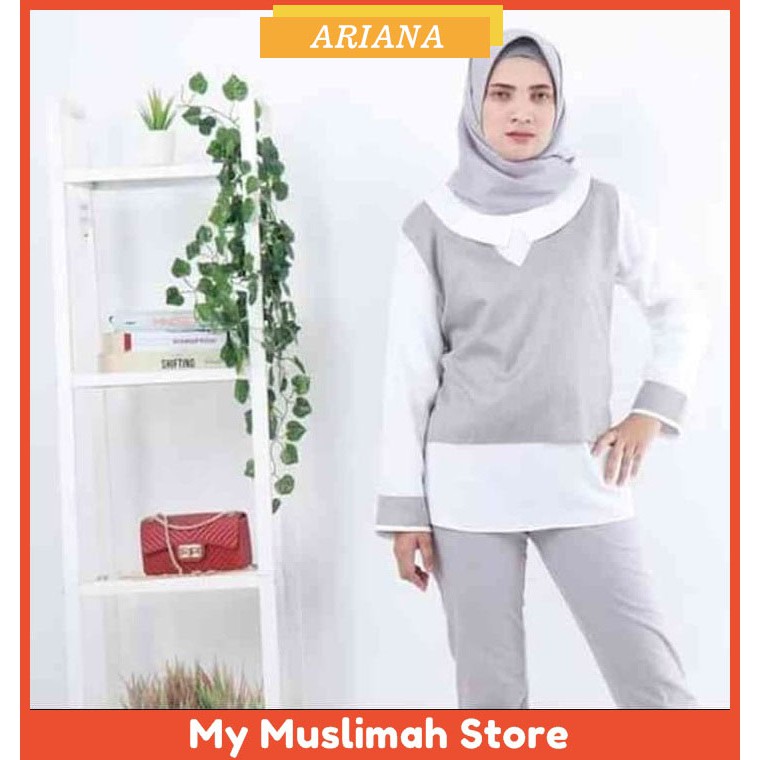 Ariana Blouse Wanita Muslim Baju Atasan Cewek Blus Dress Bahan Katun Madina Combi Supercrepe Grey