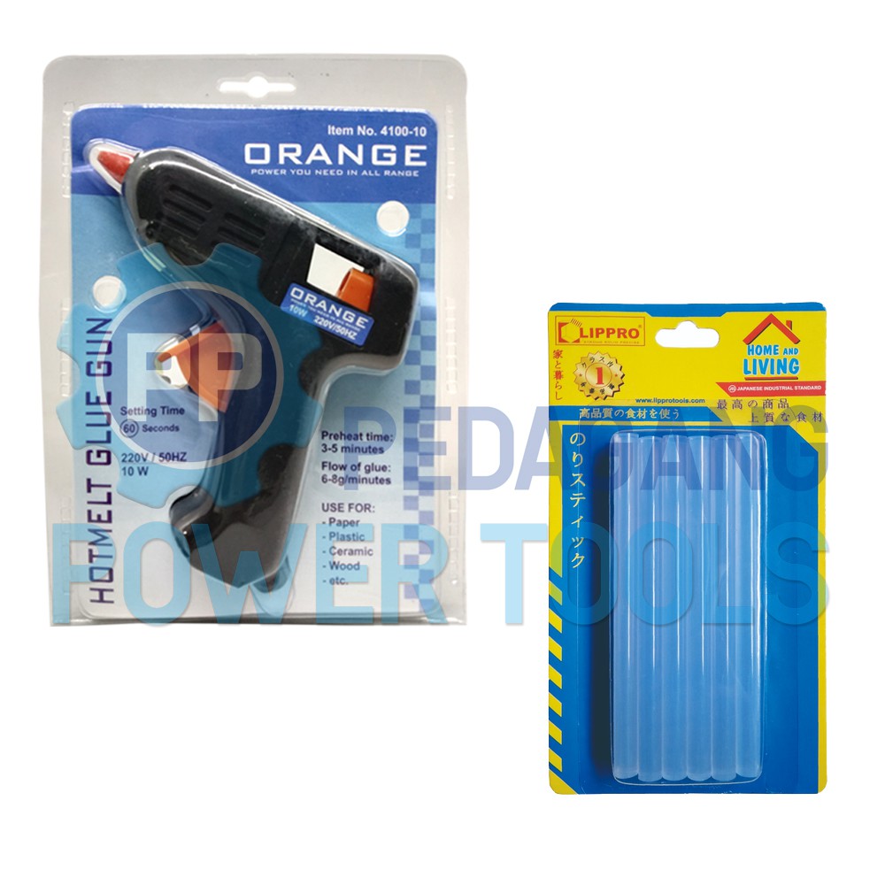 PAKET ORANGE GLUE GUN 10 WATT &amp; LIPPRO REFILL LILIN LEM TEMBAK BAKAR