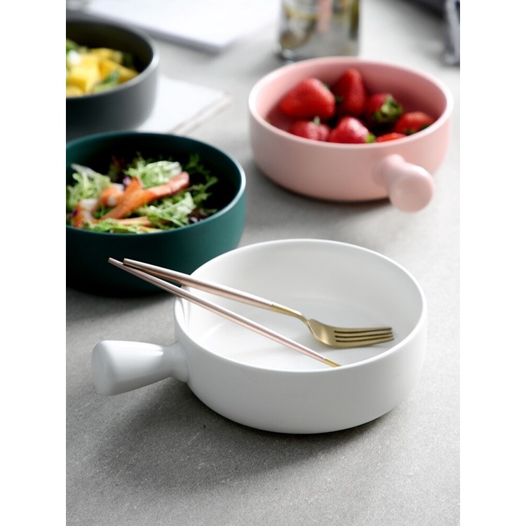 Mangkok Keramik Tebal Korean Korea Bowl Nordic Style 15 cm dengan handle with Handle - Green Black Hijau Hitam