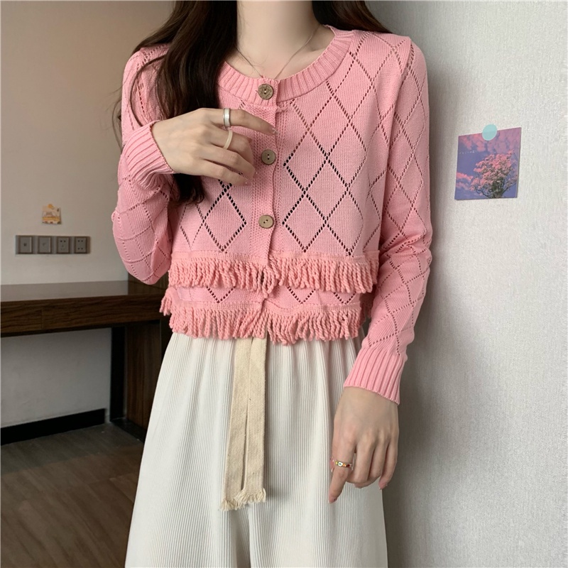 Cardigan Rajut Crop Top Polo Wanita Lengan Panjang