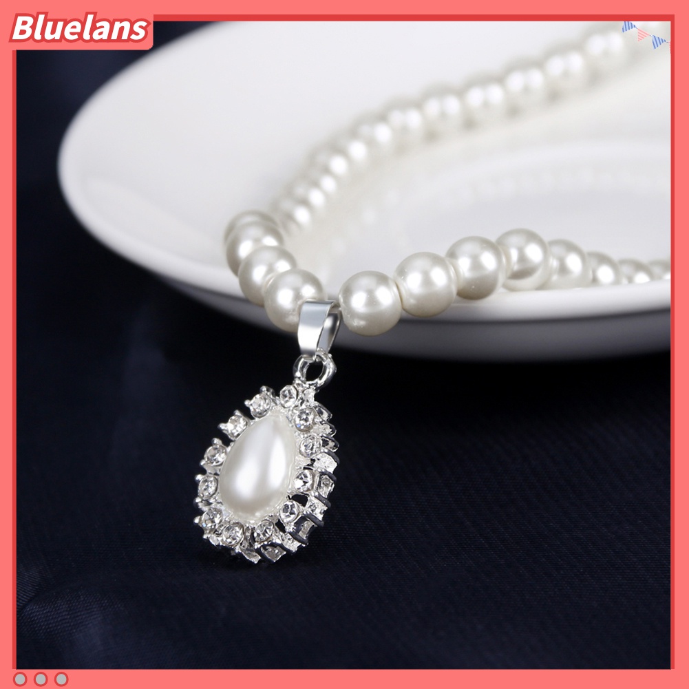 Bluelans Set Kalung + Anting Tusuk Gantung Mutiara Imitasi Bentuk Tetesan Air Untuk Wanita