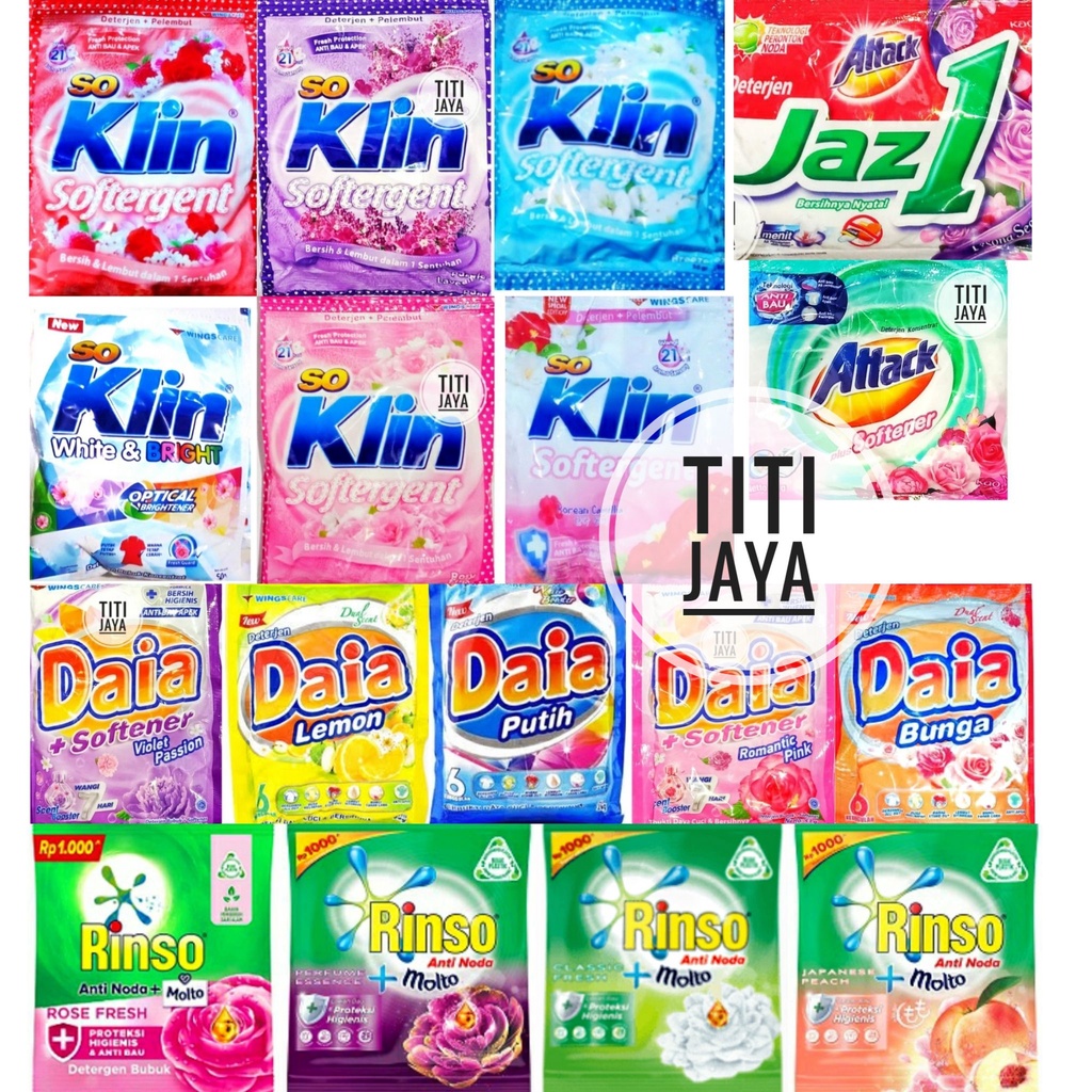 DETERJEN DAIA SOKLIN SO KLIN ATTACK JAZZ1 RINSO RENTENG PUTIH PINK BIRU UNGU SOFTENER POWDER ROSE VI