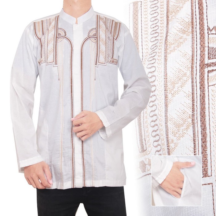 Baju Koko Taqwa Visan Putih Polos Muslim Pria Dewasa Lengan Panja AY590  Zhen Kemeja Muslim Bordir L