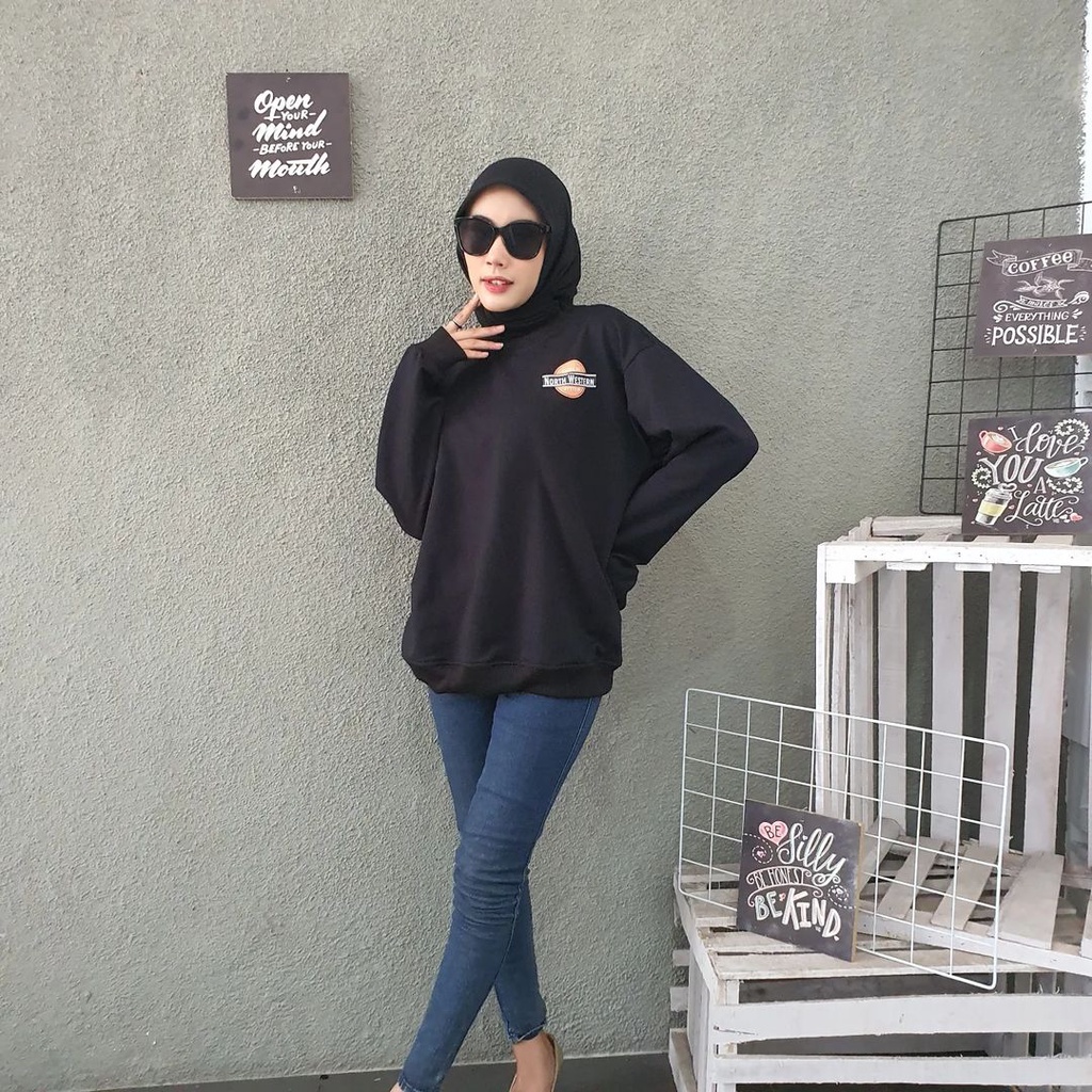 Sweater North Western | Korean Style 2 Side Sweatshirt Terbaru | Bahan Fleece Tebal Dan Lembut | Allsize | Baju WanitaKasual OOTD Korean Style