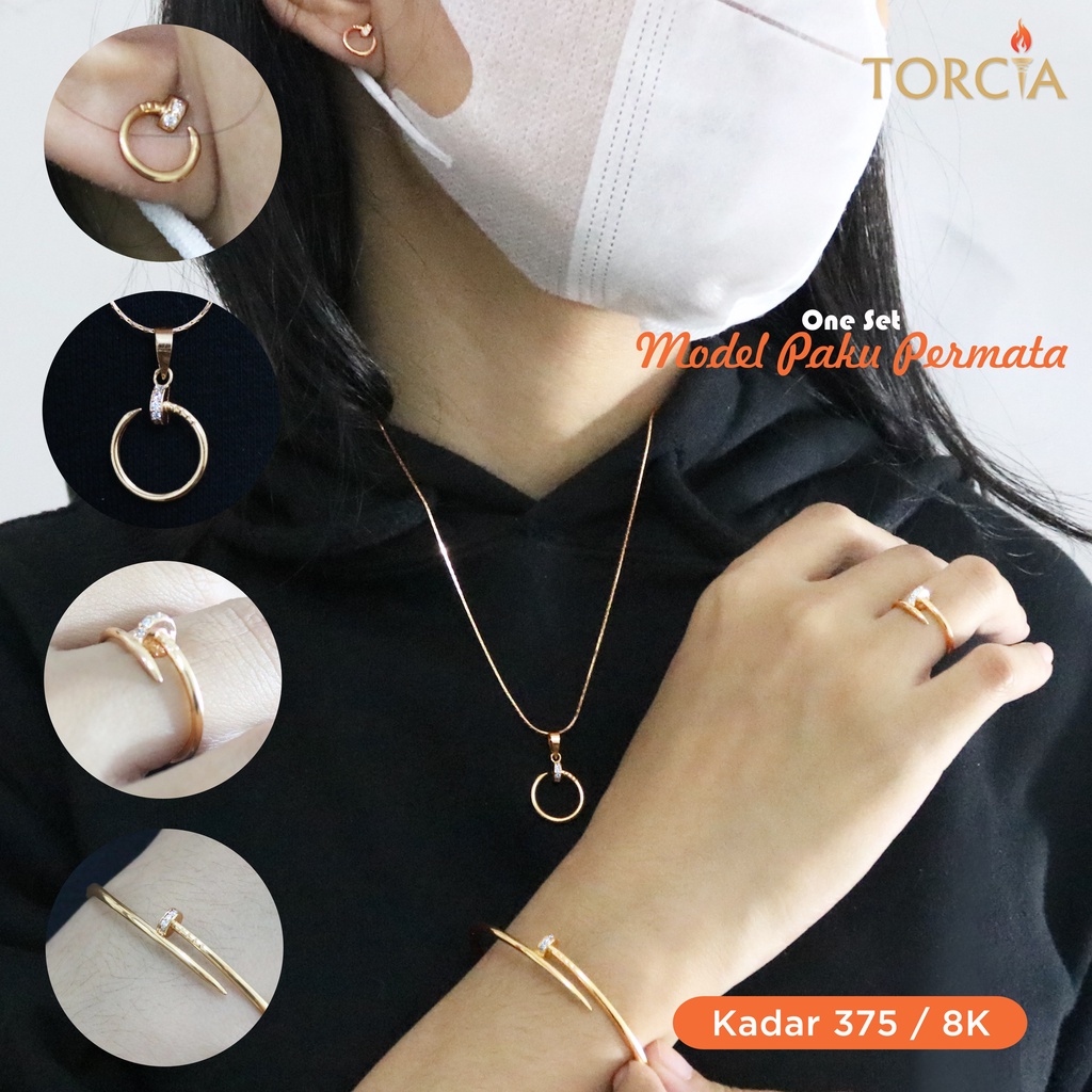 One Set Emas Asli Kadar 375 Model Paku Permata Torcia