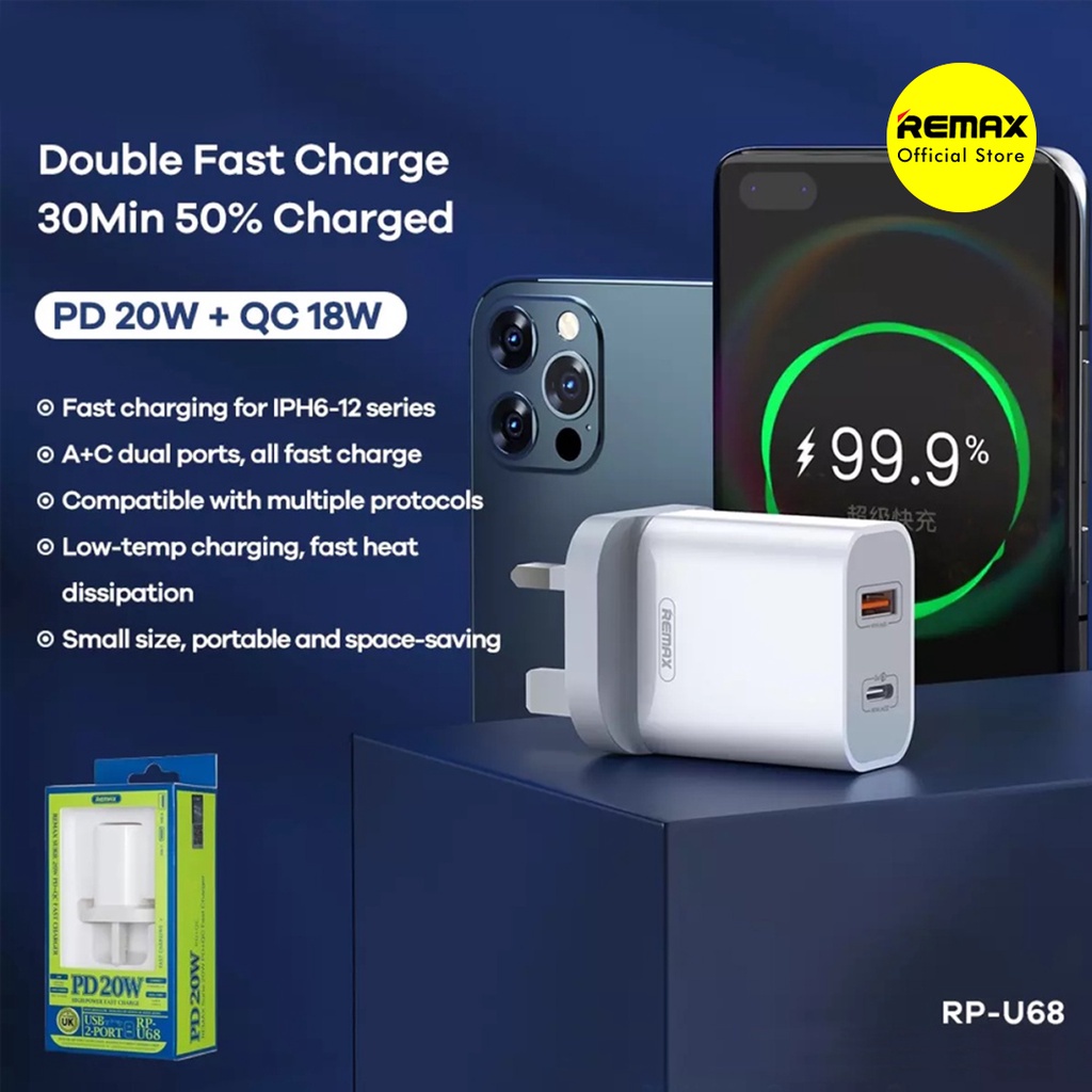 Remax Surie RP-U68 Charger Adapter 2 Port Fast Charging 20W Original