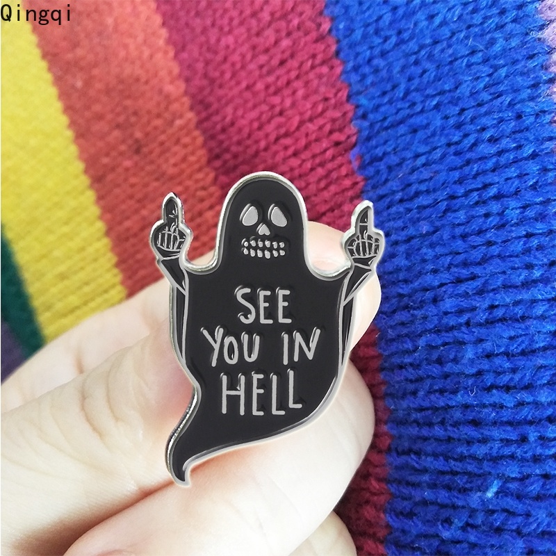 See You In Hell Bros Pin Enamel Desain Hantu Jari Tengah Tema Halloween