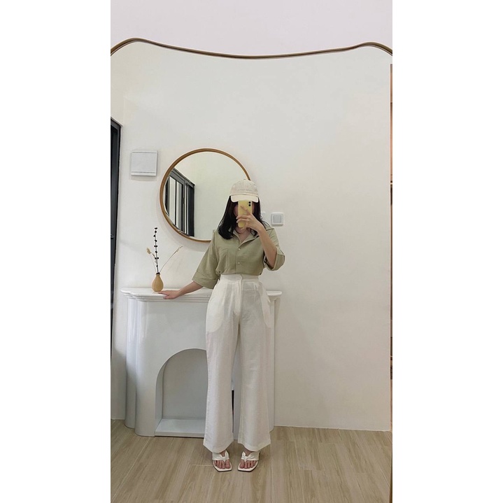 Kimmy Highwaist Cullote Pants  Wide Leg Linen Cullotes  Celana Panjang Linen Kulot Wanita-Brokenwhite