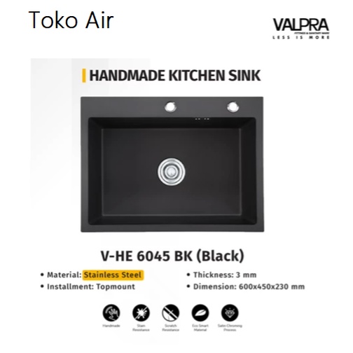 KITCHEN SINK BAK CUCI PIRING VALPRA 6045 HITAM STAINLESS STEEL