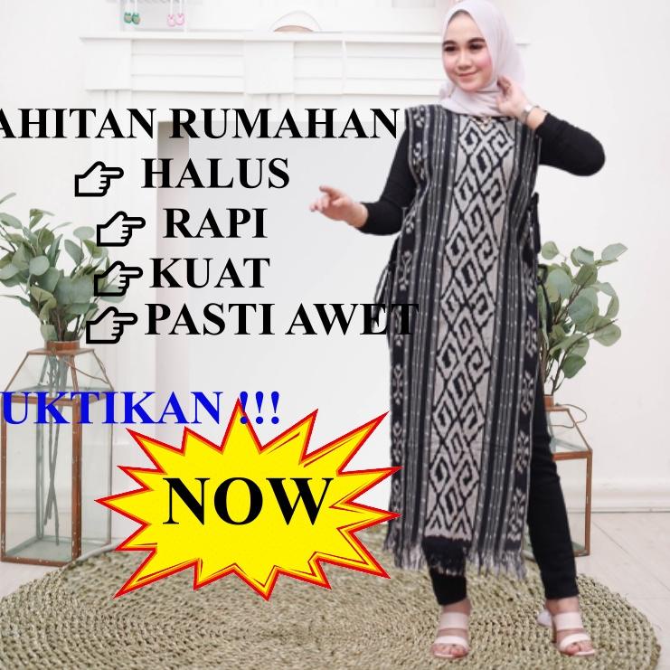 Harga Murah.. Long Vest Outer Wanita Muslim Hitam Putih Tenun Etnik Baju oter Muslimah Rompi Panjang