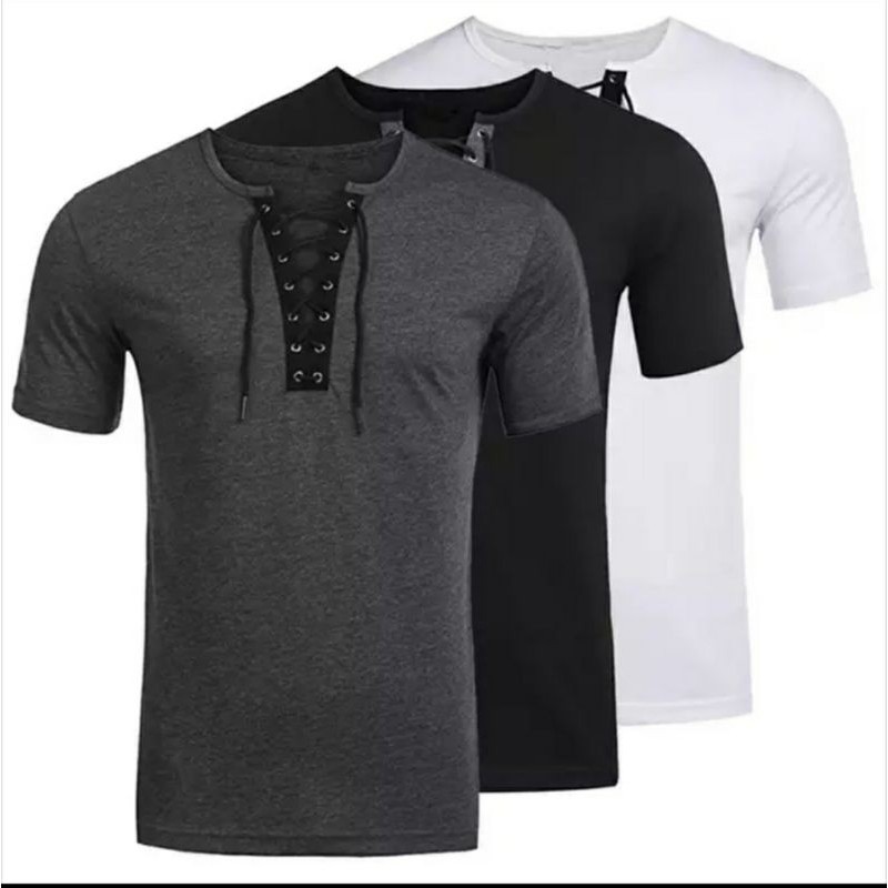 Kaos Leher Kancing bertali Kaos Vneck Kaos Polos kaos hoodie pendek grey hitam