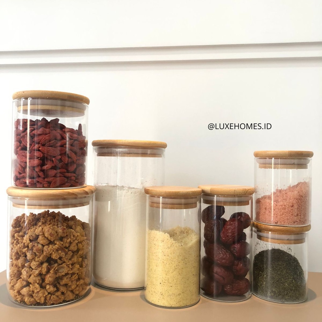 SET Toples Kaca Tutup Kayu / Penyimpanan Snack Bumbu / Snack Jar / Toples Beling Kedap Udara