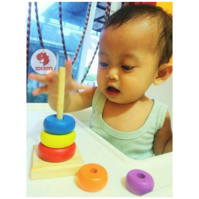 Zoetoys Menara Geometri Donat Pelangi | Ring Rainbow Tower | Menara Pelangi Kayu | Mainan Edukasi Anak