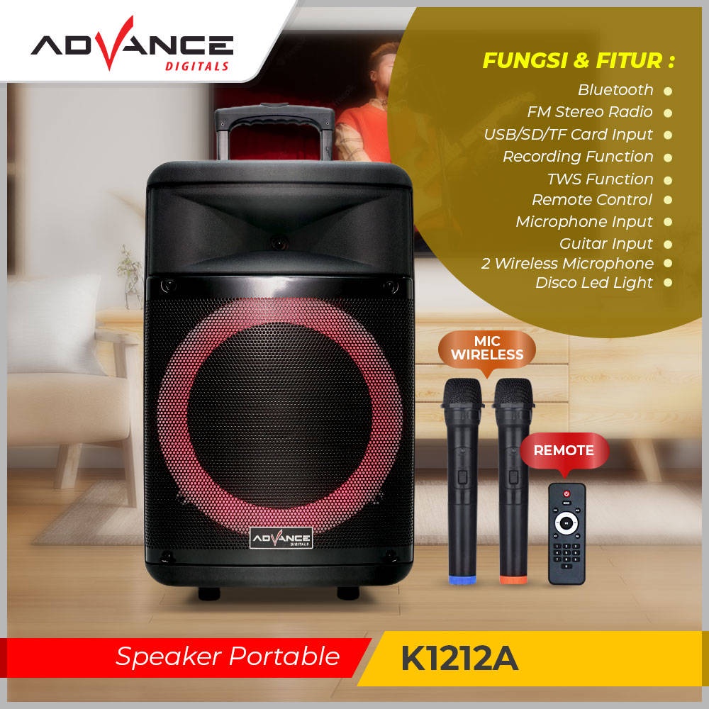 【READY STOCK】 Advance Speaker 12&quot; Woofer + Tweeter Roda  Portable Advance Audio K1212A  2 Mic Wireless |Garansi Resmi 1 Tahun|