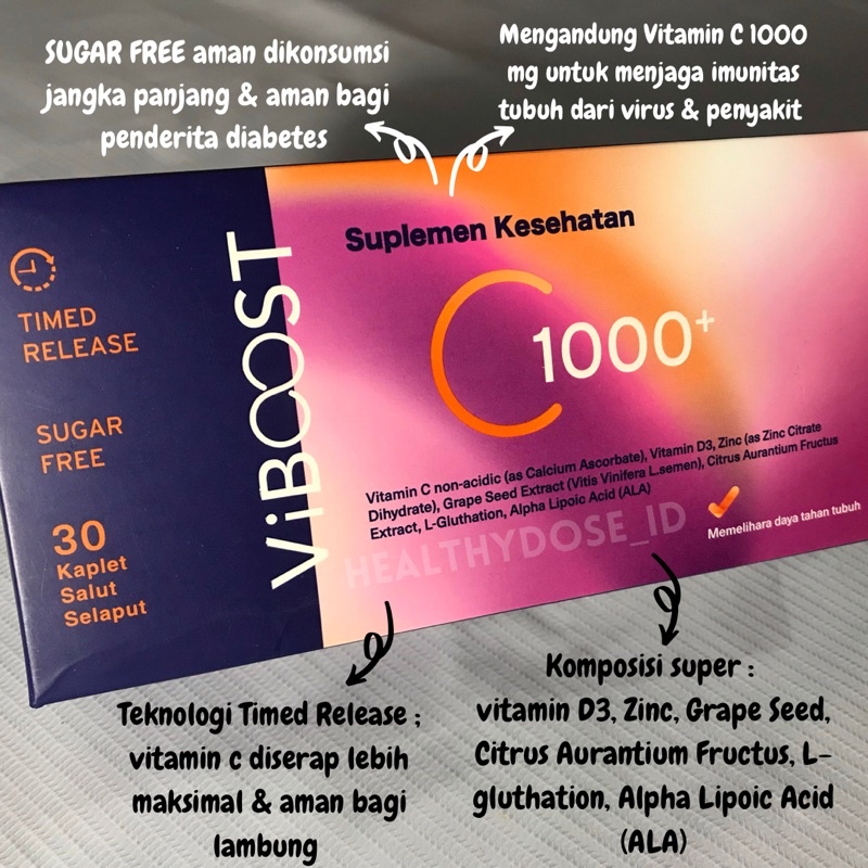 VIBOOST C1000+ BOX STRIP ISI 30 / VITAMIN C 1000mg, BIJI ANGGUR, D3, ZINC