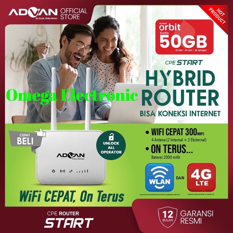 Advan CPE START Home Router Modem 4G LTE Telkomsel Orbit Wifi Hybrid 300Mbps