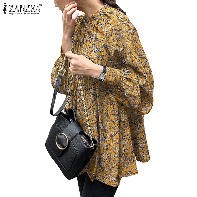 ZANZEA Women Puff Sleeve Casual Loose Back Buttons Printed Blouse