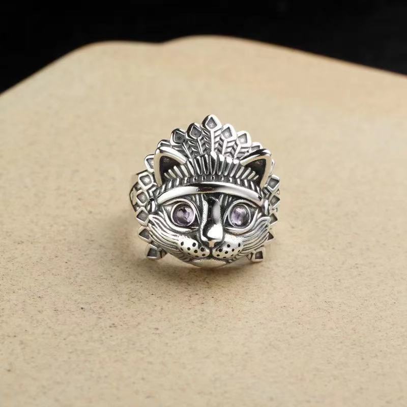 Cincin Model Terbuka Desain Kepala Kucing Indian Gaya Vintage Hip Hop Untuk PriaCincin Untuk Wanita