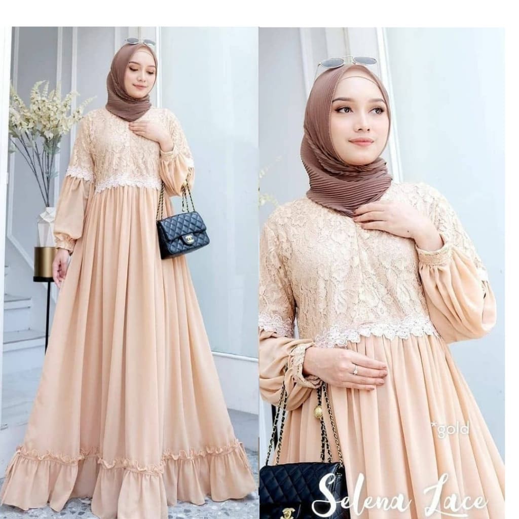 SELENA LACE MAXI Kain CERUTY BABYDOLL FULL PURING MIX BRUKAT RENDA Tersedia Warna : GREY, MINT, DUSTY, GOLD, BROWNIE UKURAN ONE SIZE ( SATU UKURAN ) LINGKAR DADA BAJU -/+ 112 CM PANJANG BAJU -/+ 141 CM PANJANG TANGAN -/+ 57 CM