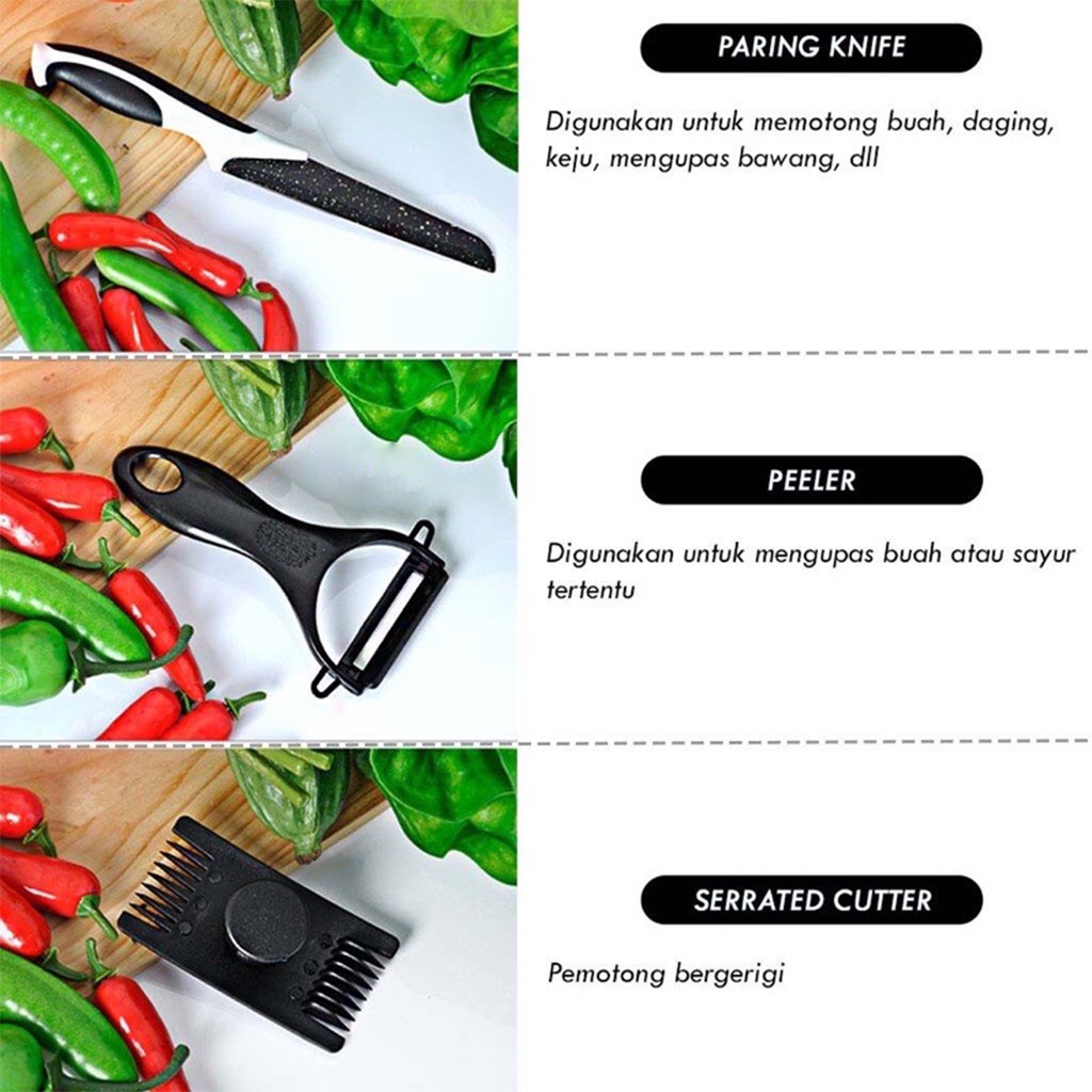 Pisau Set 5 in 1 Premium Warna Hitam Dengan Lapisan Batu Maifan ( 3 Pisau + Peeler + Serrated Cutter) Murah Professional Chef Cooking