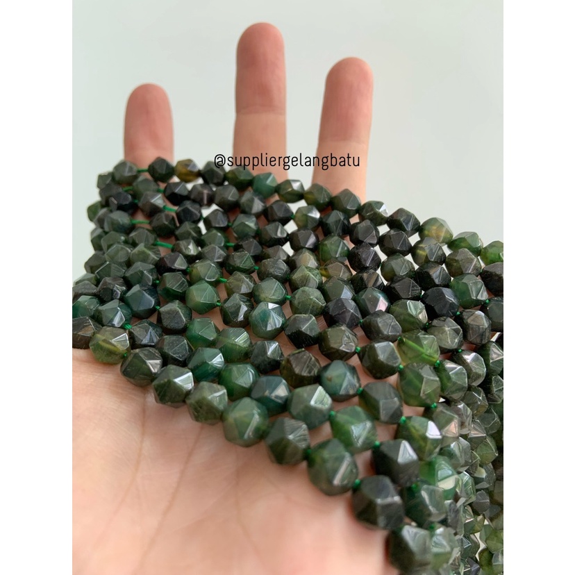 batu hexagon Stone 8mm black jade aceh serat giok rangkai hijau tua