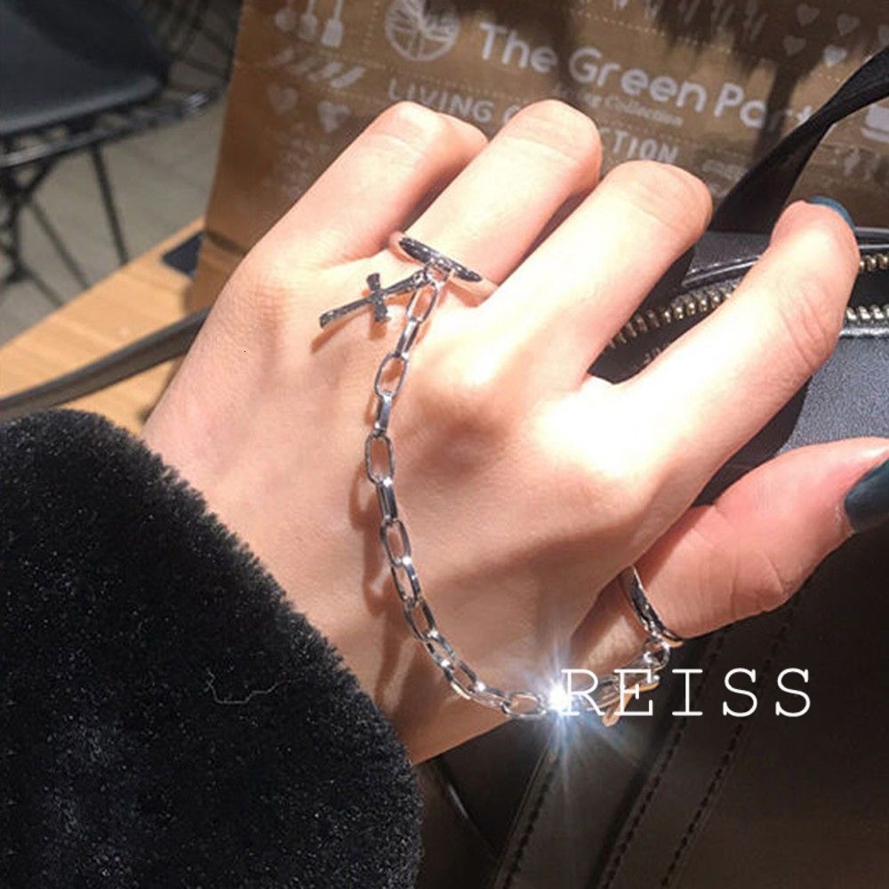 Cincin Korea Ins Punk Hip Hop Cincin Kombinasi Dua jari Rantai Lintas untuk Pria Wanita Membuka Perhiasan
