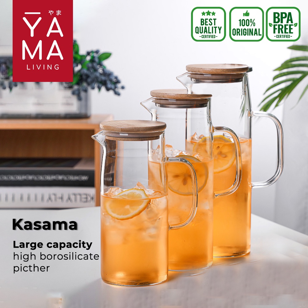 YAMA KASAMA Teko Kaca Pitcher Jug Kayu Air Minum Tahan Panas Dingin Infused Water