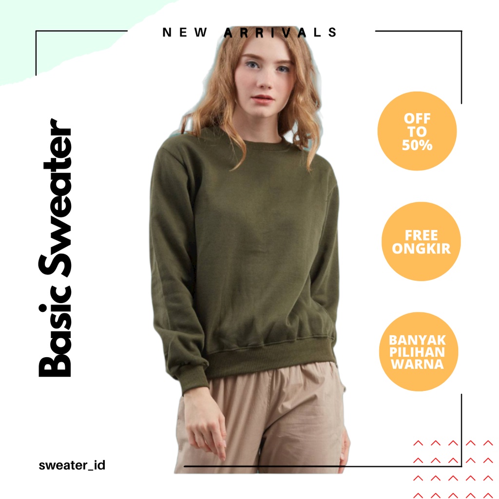 SWEATER_ID Basic Sweater Crewneck Polos Hijau Army Pria dan Wanita Fleece Tebal Best Quality
