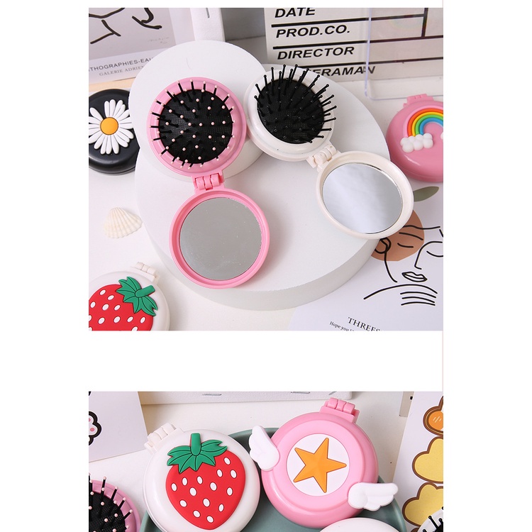 Colorful Fruit Food Animal Pattern Cute Fold Plastic Hair Care Massage Airbag Comb with Mirror Hair Styling Tool