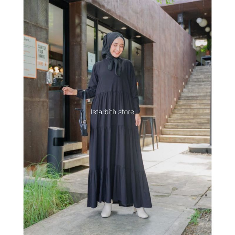 Casandra Basic Bahan Rayon Adem - Gamis Polos - Gamis Ruffle Susun Rayon