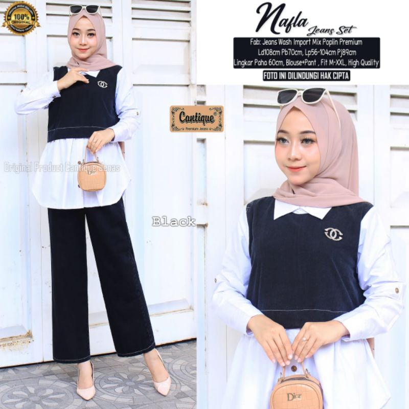 Nafla Jeans Set Mix Poplin Premium Setelan Wanita Jeans Wash ORI Cantique