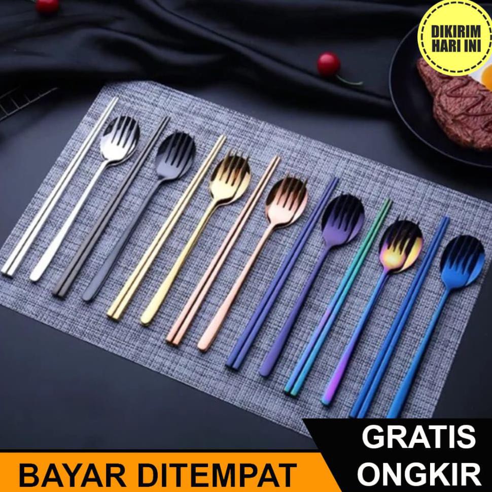 (BAYAR DITEMPAT) JB1076 SENDOK GARPU SUMPIT WARNA / SENDOK GARPU SUMPIT KOREA SET / ALAT MAKAN KOREA