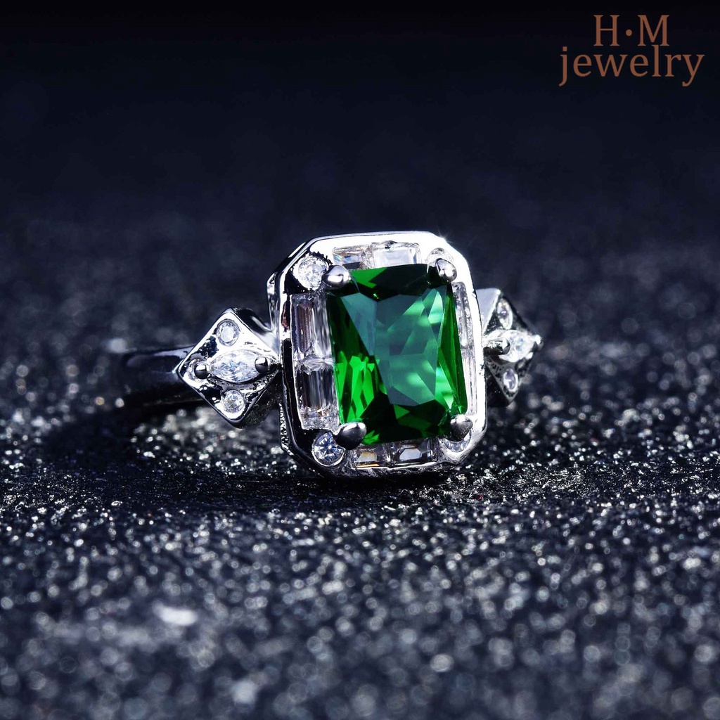 Cincin Model Terbuka Bentuk Persegi Panjang Aksen Emerald Turmalin