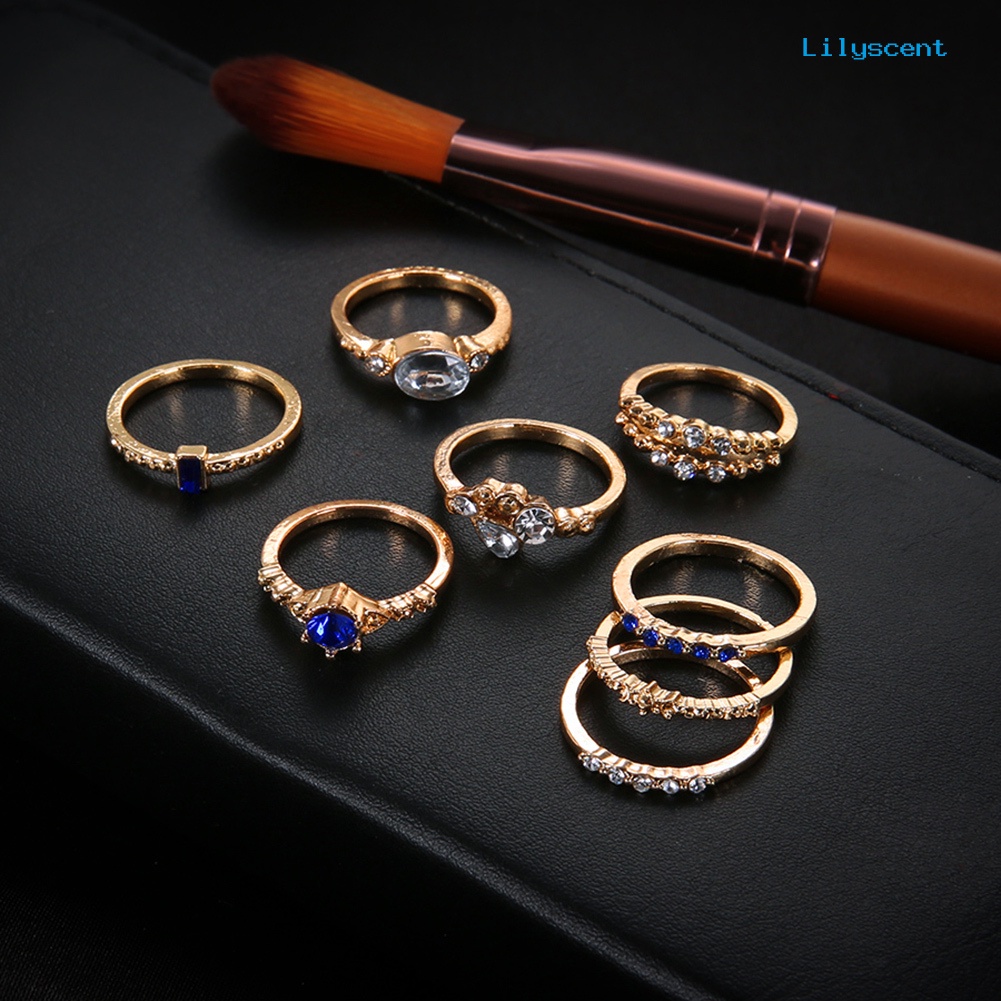 8pcs / Set Cincin Knuckle Midi Slim Stacking Aksen Berlian Imitasi Untuk Wanita