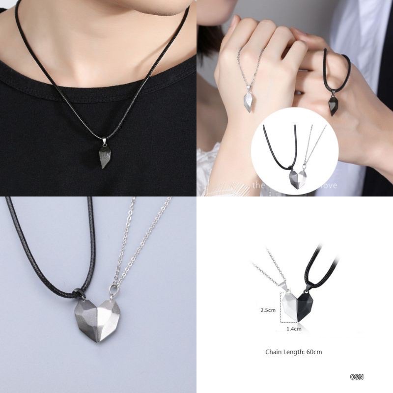 Kalung magnet couple Black white Heart love Kalung  Magnet Dengan Liontin Batu Hati Couple Necklace 