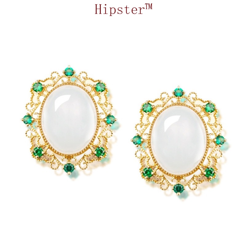 Hot Sale Fashion Classic round White Jade 18K Gold Micro Inlay Emerald