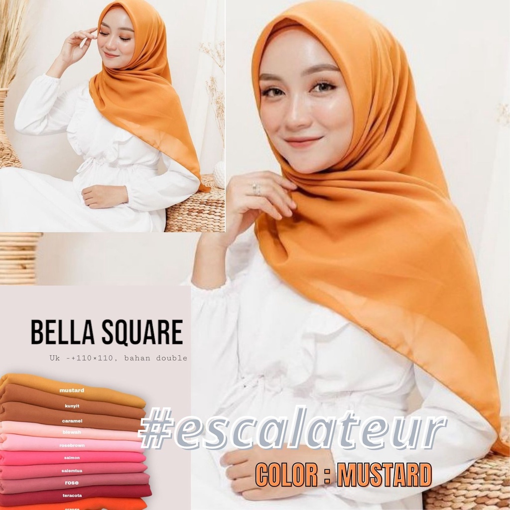 ✨TERBARU✔️ PROMO 3.3 Jilbab Segiempat Bella Square MUSTARD Pollycotton Double Hycon Tidak Licin Adem