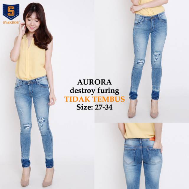 Celana Jeans Cewek/Wanita Model Sobek Ripped Robek Lapis Furing Tidak Tembus Stretch Sienna