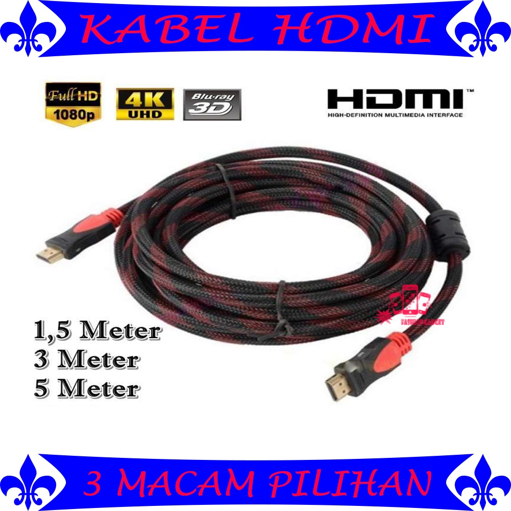 Kabel HDMI 3 METER / 5 METER / 1.5 METER LAPTOP KE TV CCTV NYLON Serat Jaring / Kabel HDMI To HDMI 1080P V1.4 3D HQ Gold Plate CABLE HDMI GOLD