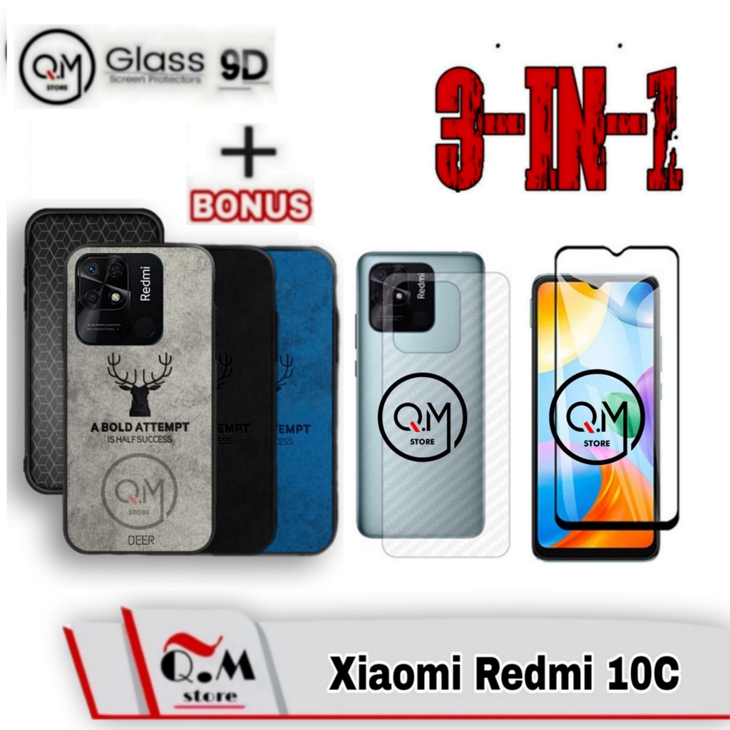 Paket 3 in1 Case Deer Xiaomi Redmi 10C Softcase deer High Quality Bermotif Deer Jens Pelindung Back Cover