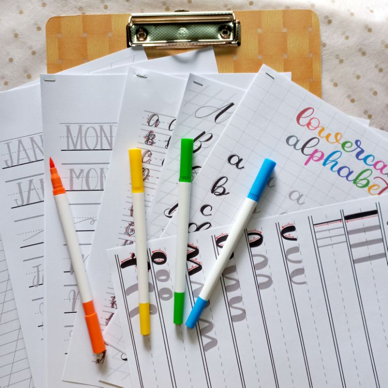 

35pcs Paket Belajar Calligraphy Hand Lettering Kit - Practice Worksheet Free Brush Pen // Dimino