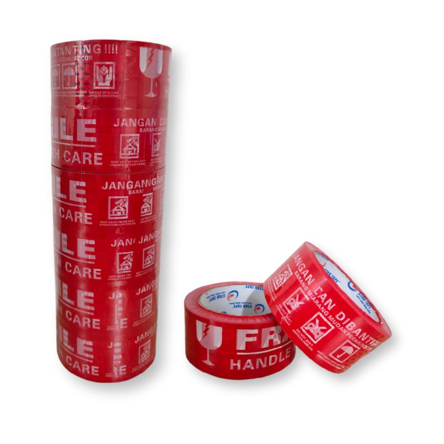 LAKBAN FRAGILE MERAH MERK STAR TAPE 2 INCH 48MM × 90 YARD TEBAL