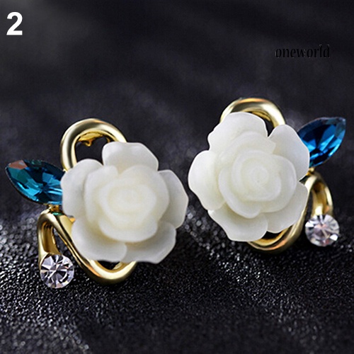 OW@ Women Cute Lady Rhinestone Resin Rose Flower Earrings Ear Studs Jewelry Gift