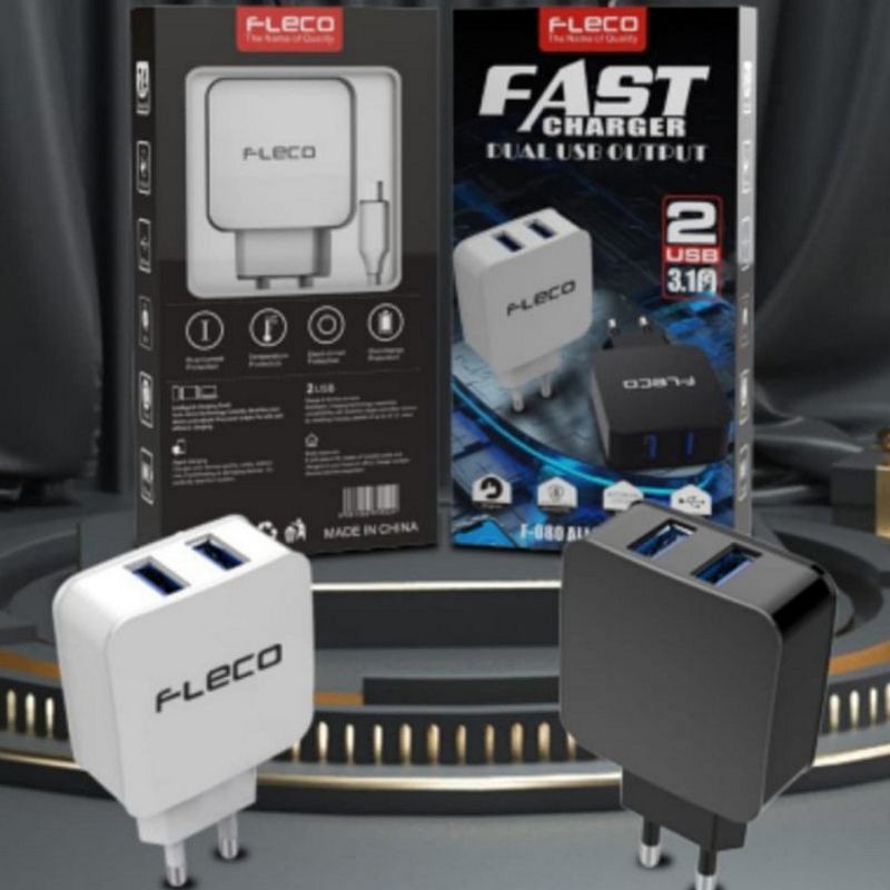 [Cas]charger Micro USB Dua colokan 3.1Amper  By Fleco F-080