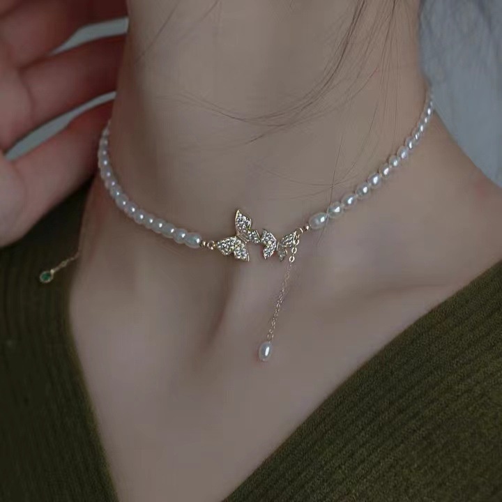 Kalung Rantai Klavikula Hias Mutiara Kupu-Kupu Bahan Zirkon Gaya Korea Untuk Perempuan