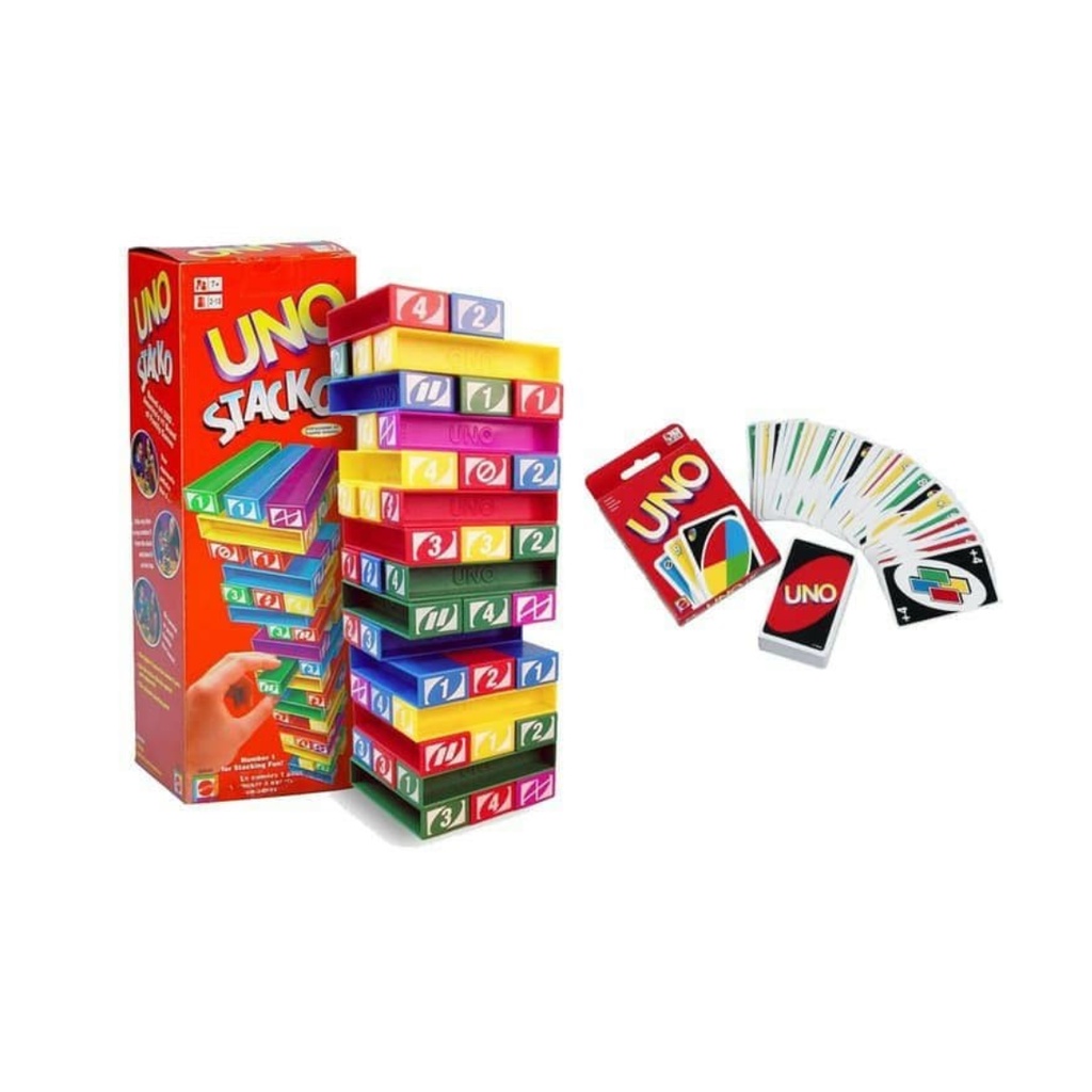 Paket UNO Stacko + Kartu / Card Mainan Susun Balok Block Seru