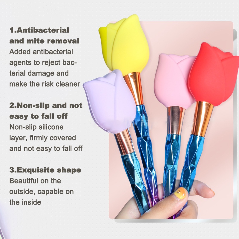 3 Pak Holder Pelindung Kepala Brush Makeup Bentuk Bunga Mawar 3 Ukuran Bahan Silikon Reusable Untuk Travel