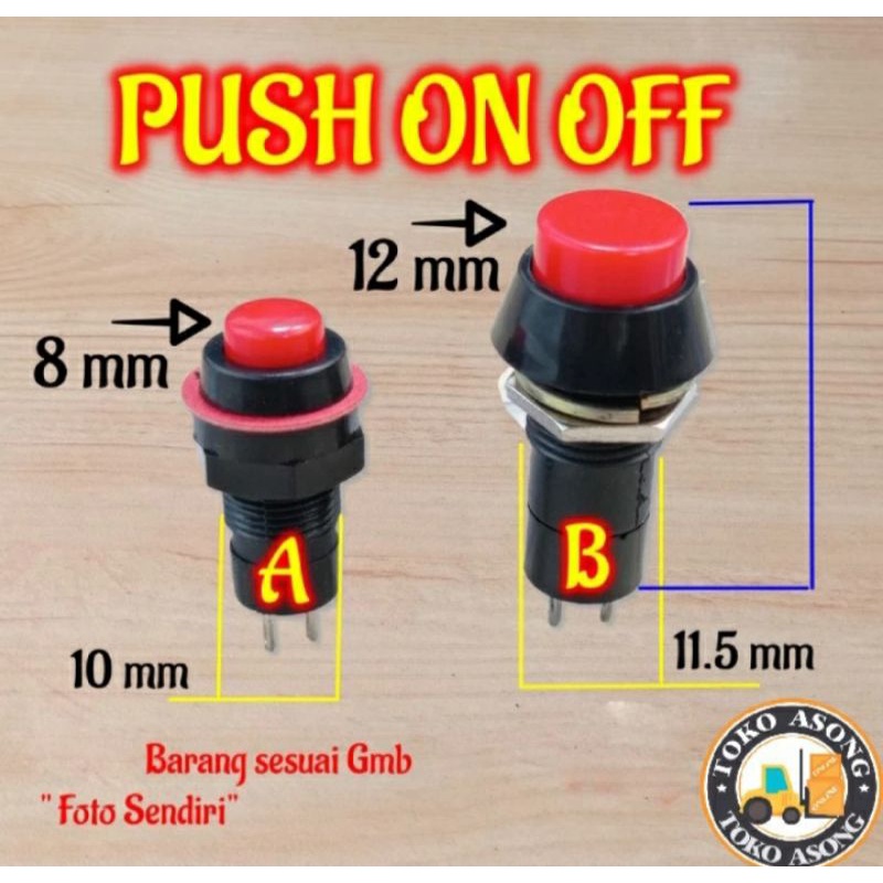 Tombol Push on off button merah A 8 mm B 12 mm saklar