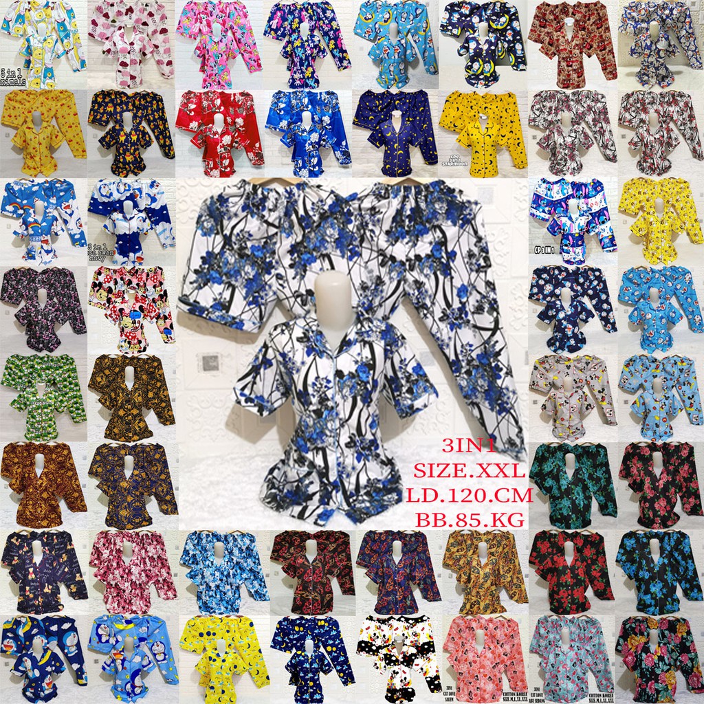 ISANNY PIYAMA SET 3IN1 SIZE XXL/KARAKTER 3IN1 JUMBO/BUNGA/BAJU TIDUR DEWASA/READY STOCK