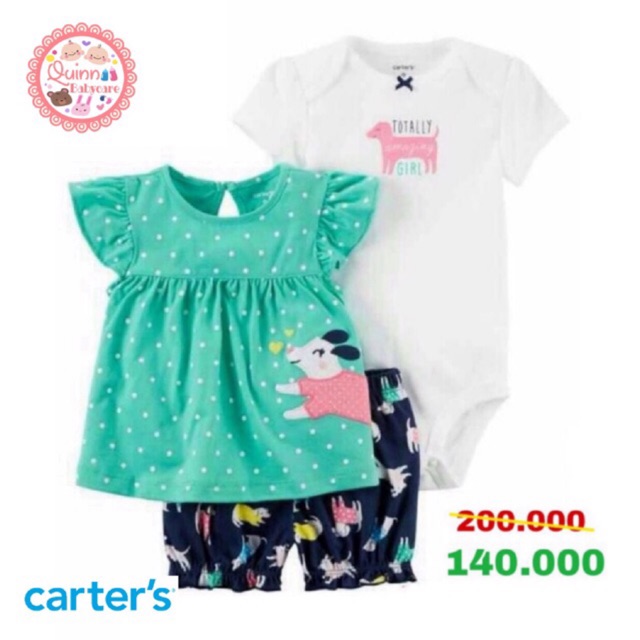 Setelan Carter's Girl set 3 in 1 Cutie Dog Green/ Romper bayi Carter's Girl set